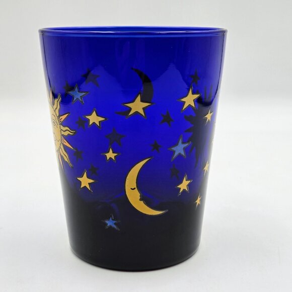 Libbey Celestial Sun Moon Stars Cobalt Blue Old Fashioned Glass Friends Yellow - Picture 8 of 11